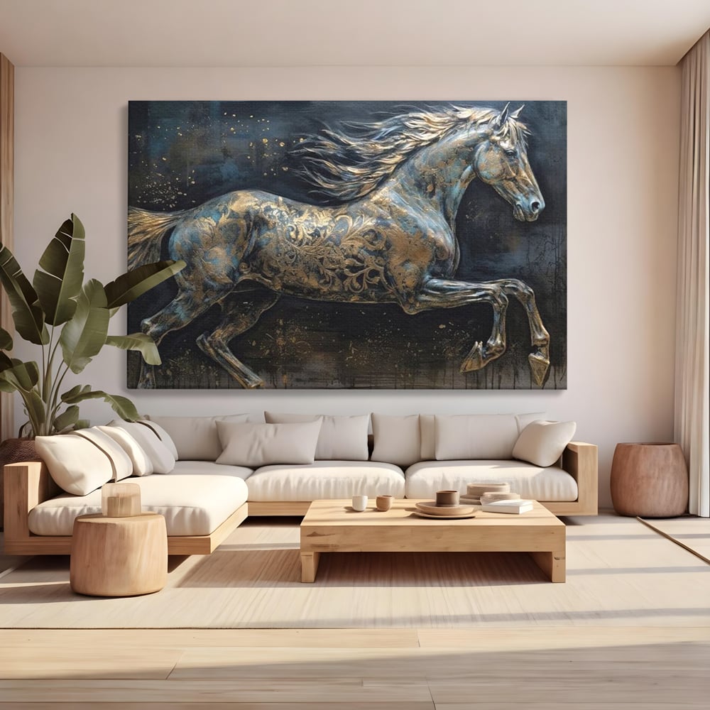 Tablou canvas cu tablou canvas cu armasar in galop, fara rama, pe sasiu de lemn, pe perete intr-un living